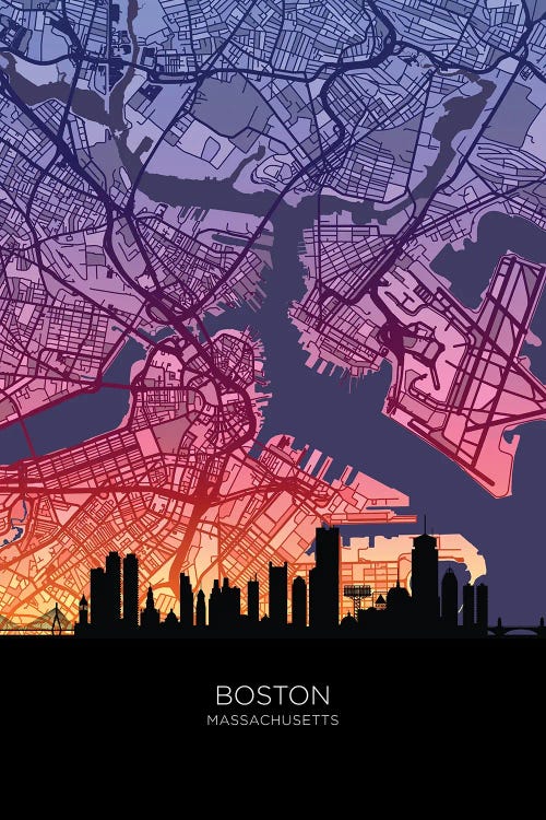 Boston Skyline Map Sunset by Michael Tompsett wall art
