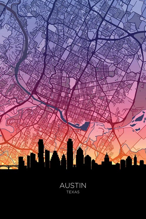 Austin Skyline Map Sunset by Michael Tompsett wall art