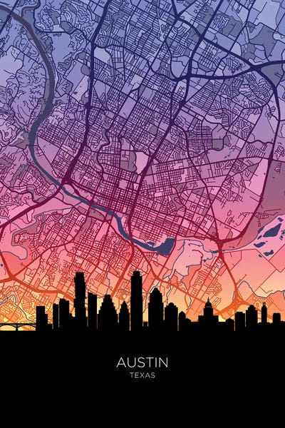 Fine Art Print: Austin Skyline Map Sunset by Michael Tompsett