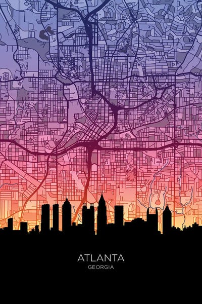 Atlanta Maps: Atlanta Skyline Map Sunset by Michael Tompsett