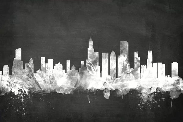Black & White Digital Art: Blackboard Skyline Of  Chicago, Illinois, USA by Michael Tompsett