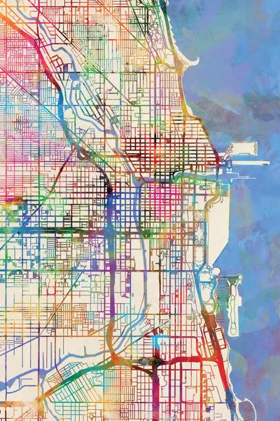 Large Map Art - Canvas Prints: Rainbow Map Of Chicago, Illinois, USA by Michael Tompsett