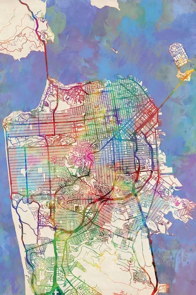 Large Map Art - Canvas Prints: Rainbow Map Of San Francisco, California, USA by Michael Tompsett
