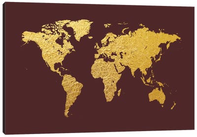 Gold Foil On Cordovan Canvas Art Print - World Map Art