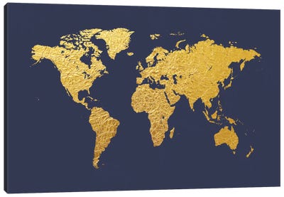 Gold Foil On Denim Canvas Art Print - Large Map Art