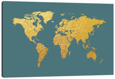 Gold Foil On Ocean Blue Canvas Art Print - World Map Art