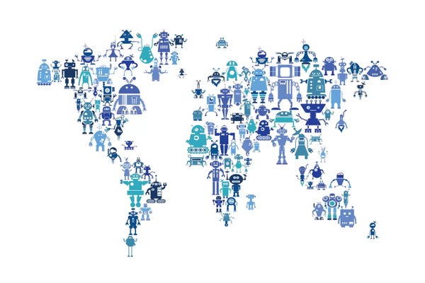 Kids Map Art: Hues Of Blue Robots by Michael Tompsett
