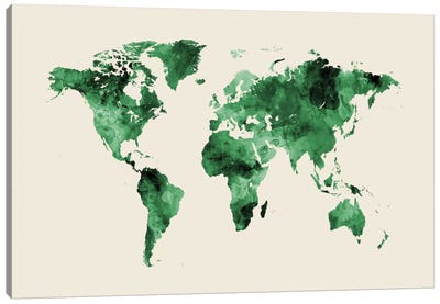 Shades Of Green On Beige (w/o Antarctica) Canvas Art Print - World Map Art