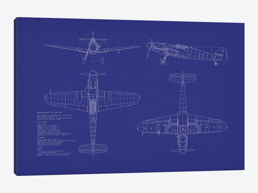 Messerschmitt Bf 109 G-10 Blueprint by Michael Tompsett 1-piece Canvas Wall Art