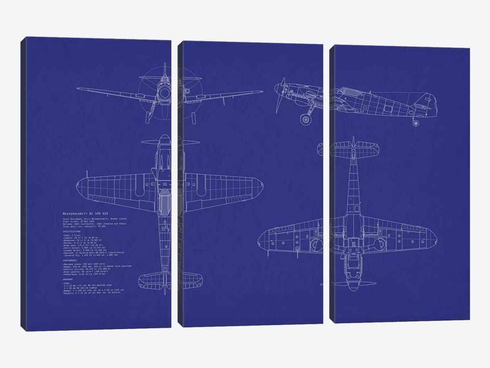 Messerschmitt Bf 109 G-10 Blueprint by Michael Tompsett 3-piece Canvas Wall Art