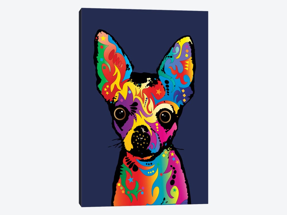 Rainbow Chihuahua On Blue by Michael Tompsett 1-piece Canvas Print