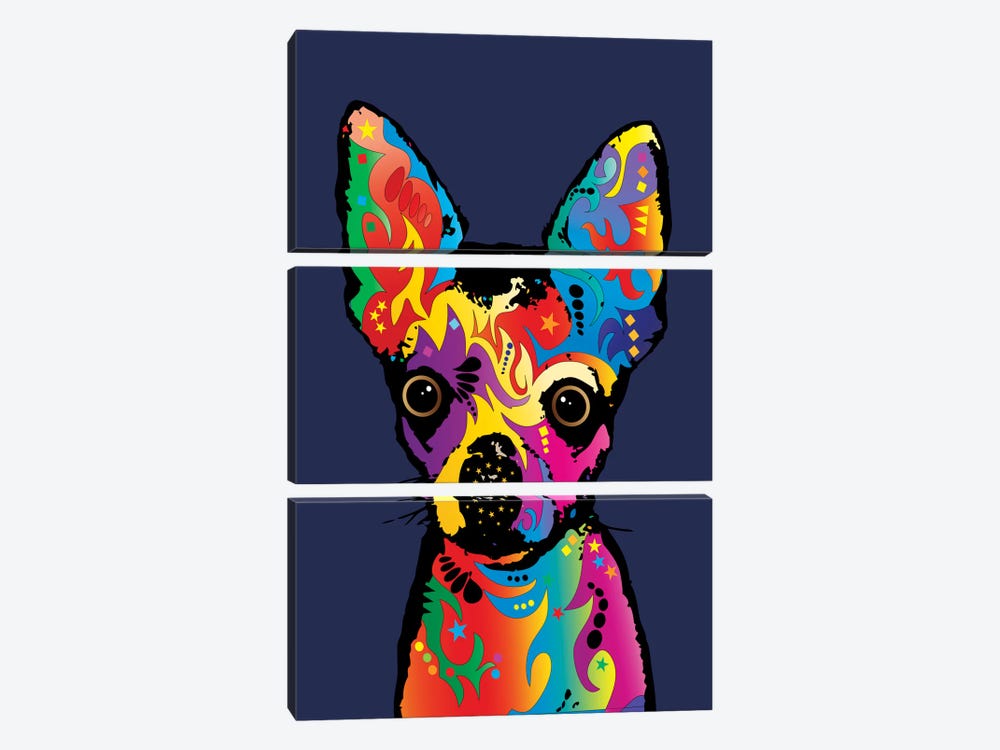 Rainbow Chihuahua On Blue by Michael Tompsett 3-piece Canvas Print