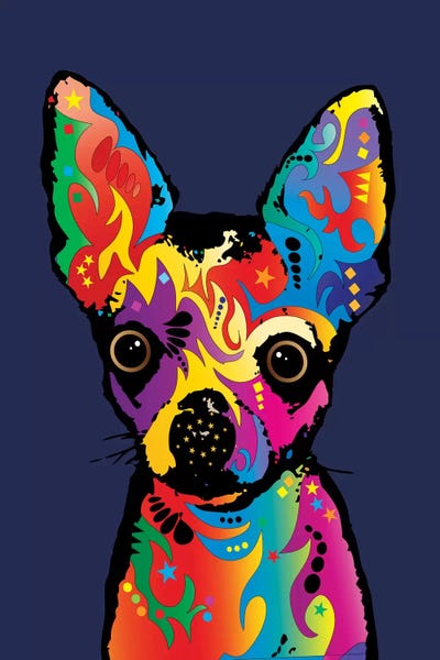Chihuahuas: Rainbow Chihuahua On Blue by Michael Tompsett