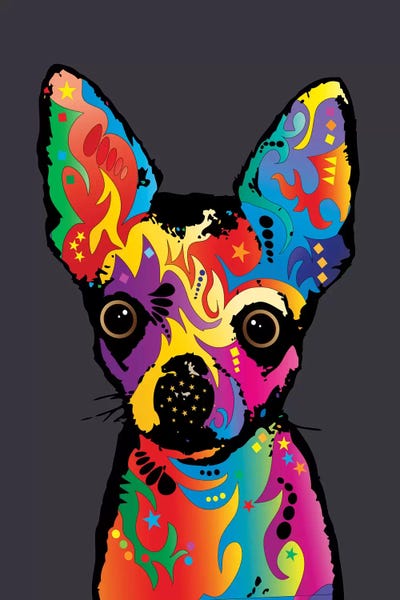 Chihuahuas: Rainbow Chihuahua On Grey by Michael Tompsett