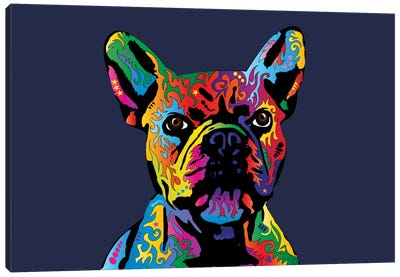 Rainbow French Bulldog On Blue Canvas Art Print - French Bulldog Art