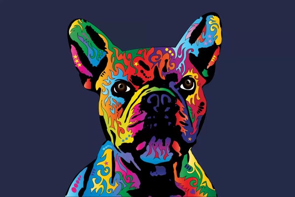 French Bulldogs: Rainbow French Bulldog On Blue by Michael Tompsett