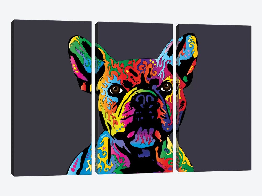 Rainbow French Bulldog On Grey by Michael Tompsett 3-piece Canvas Print