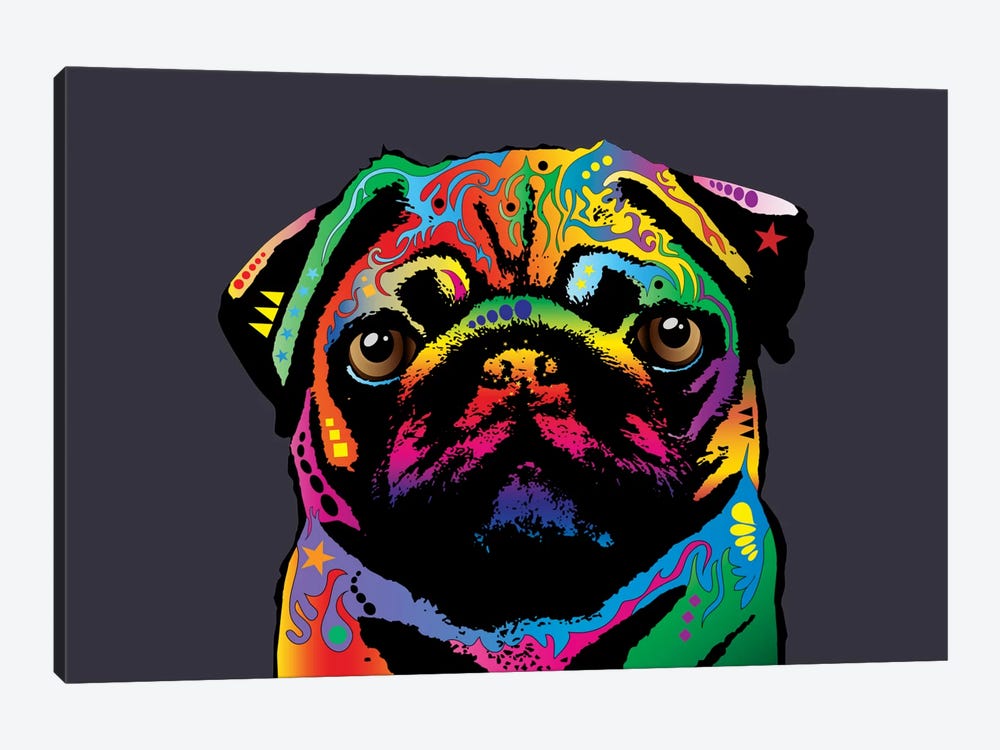 Rainbow Pug On Grey Canvas Art Print by Michael Tompsett | iCanvas