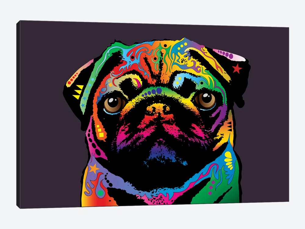 Rainbow Pug On Plum Grey by Michael Tompsett 1-piece Canvas Print
