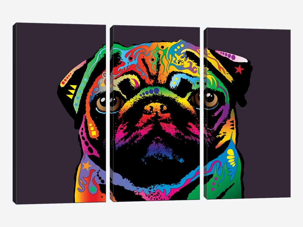 Rainbow Pug On Plum Grey by Michael Tompsett 3-piece Canvas Print