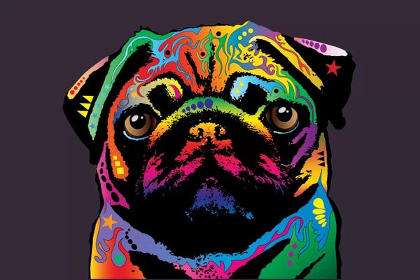 Pugs: Rainbow Pug On Plum Grey by Michael Tompsett