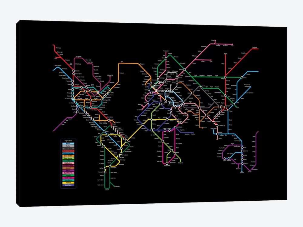 Metro Tube Schematic On Black by Michael Tompsett 1-piece Canvas Art