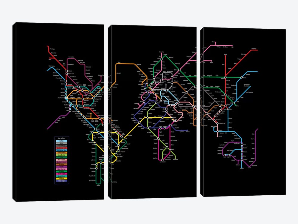 Metro Tube Schematic On Black by Michael Tompsett 3-piece Canvas Art
