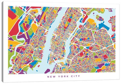 New York City Street Map, Color, Horizontal Canvas Art Print - Abstract Maps Art