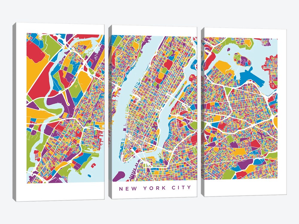 New York City Street Map, Color, Horizontal by Michael Tompsett 3-piece Canvas Print