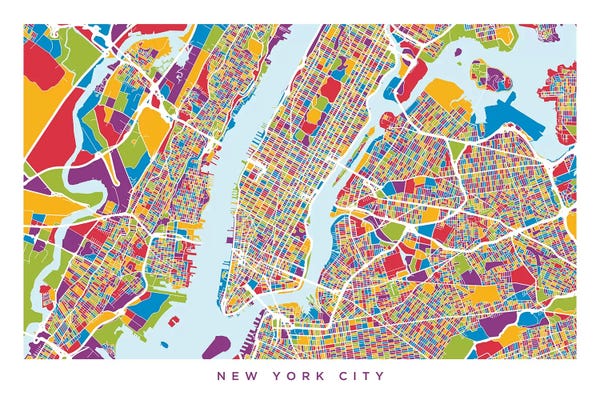 Large Map Art - Canvas Prints: Colorful Wide New York City Street Map by Michael Tompsett