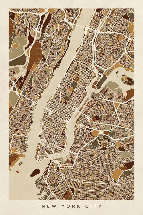 Brown Tall New York City Street Map by Michael Tompsett wall art