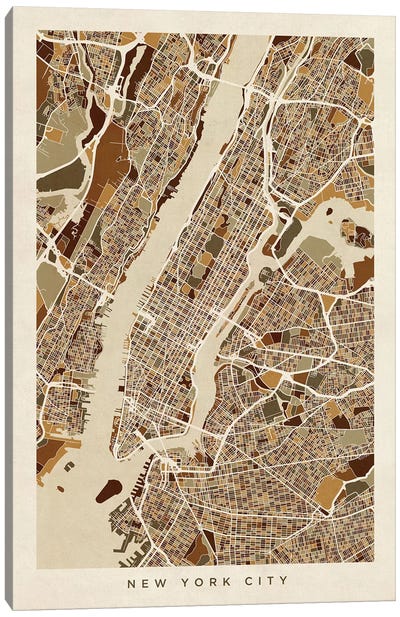 New York City Street Map, Browns, Vertical Canvas Art Print