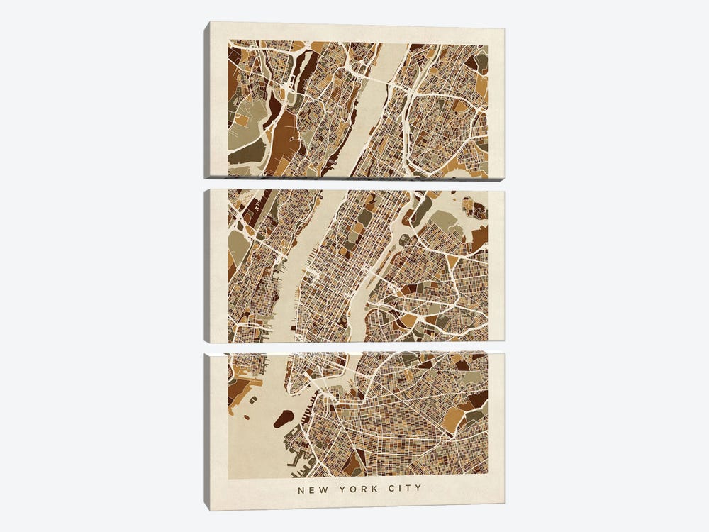 New York City Street Map, Browns, Vertical by Michael Tompsett 3-piece Canvas Wall Art