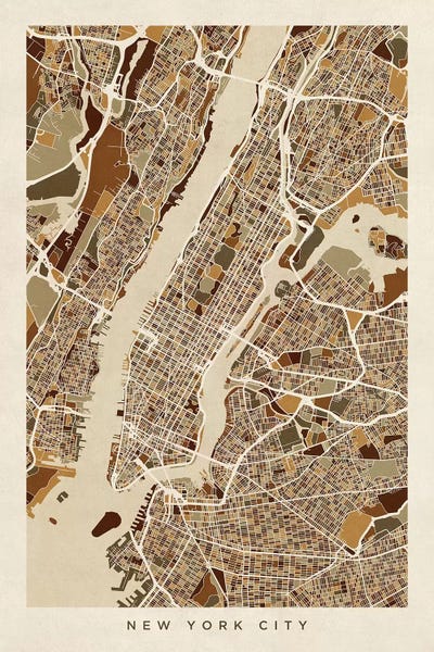 New York City Maps: Brown Tall New York City Street Map by Michael Tompsett