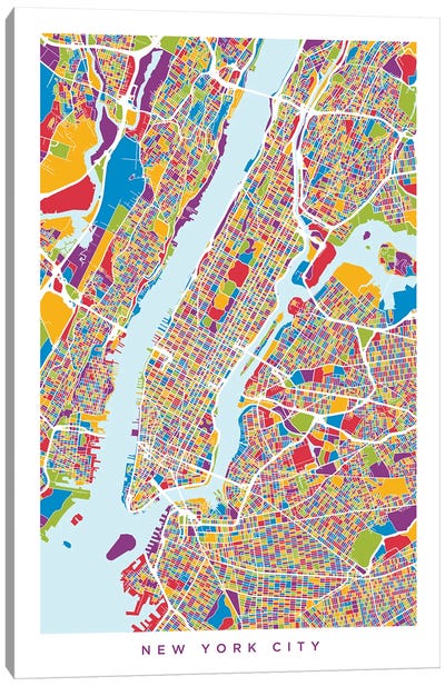 New York City Street Map, Color, Vertical Canvas Art Print