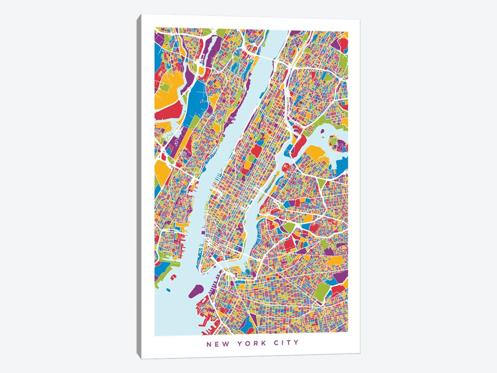 New York City Street Map, Color, Vertical by Michael Tompsett 1-piece Canvas Art Print