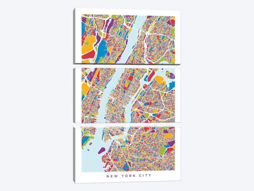 New York City Street Map, Color, Vertical by Michael Tompsett 3-piece Canvas Art Print