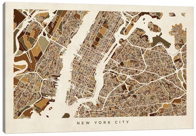 New York City Street Map, Browns, Horizontal Canvas Art Print