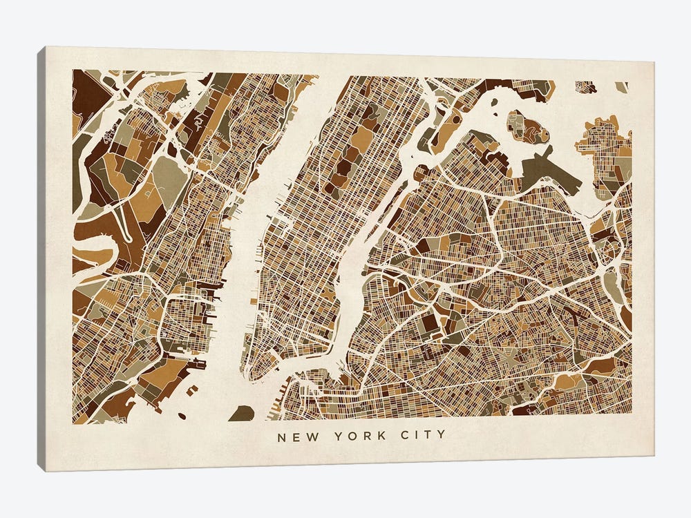 New York City Street Map, Browns, Horizontal by Michael Tompsett 1-piece Canvas Wall Art