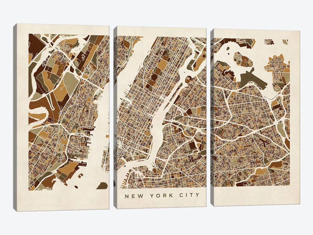 New York City Street Map, Browns, Horizontal by Michael Tompsett 3-piece Canvas Wall Art