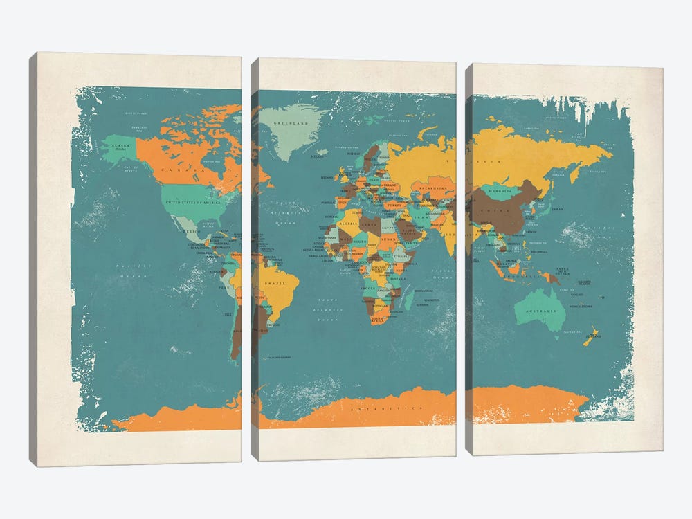 Retro Political Map Of The World I by Michael Tompsett 3-piece Canvas Art