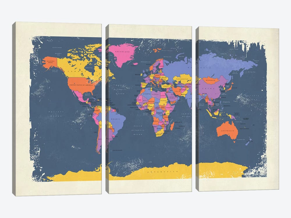 Retro Political Map Of The World III by Michael Tompsett 3-piece Canvas Wall Art