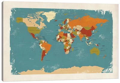 Retro Political Map Of The World IV Canvas Art Print - World Map Art