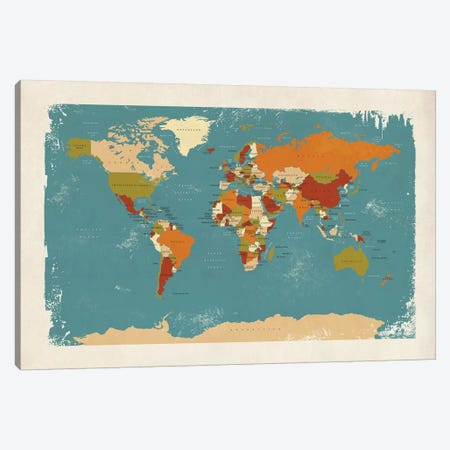Retro Political Map Of The World IV Canvas Print #MTO519} by Michael Tompsett Canvas Print