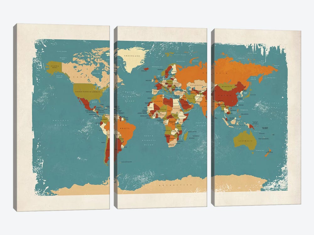 Retro Political Map Of The World IV by Michael Tompsett 3-piece Canvas Art Print