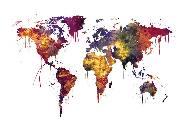 Watercolor Map Of The World Map, Dark Colors