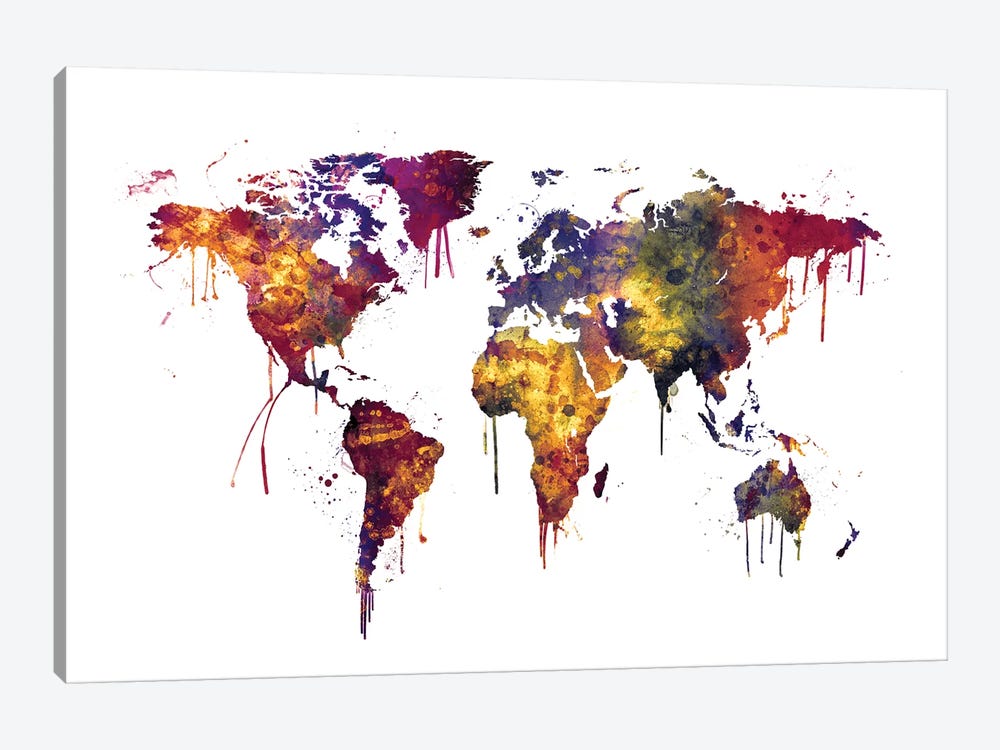 Watercolor Map Of The World Map, Dark Colors by Michael Tompsett 1-piece Canvas Art