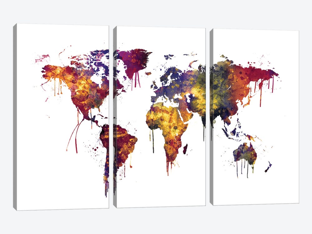 Watercolor Map Of The World Map, Dark Colors by Michael Tompsett 3-piece Canvas Wall Art