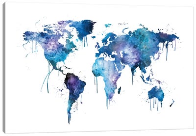 Watercolor Map Of The World Map, Blues & Purples Canvas Art Print - 3-Piece Map Art