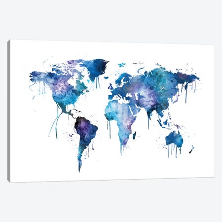 Watercolor Map Of The World Map, Blues & Purples Canvas Print #MTO522} by Michael Tompsett Canvas Art